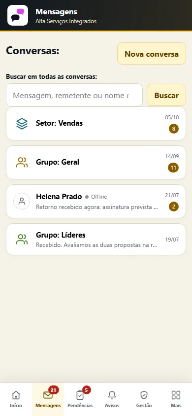 Aplicativo do Tex Interno no telefone, com as conversas por setor e grupo e as mensagens não lidas