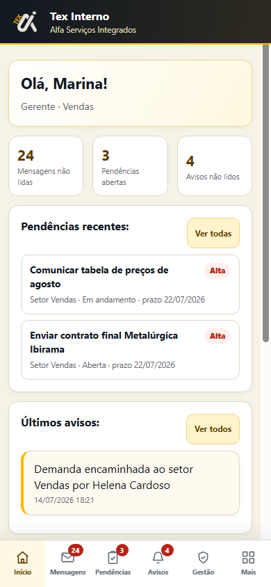 Aplicativo do Tex Interno em um telefone, com acesso de gerente, pendências e avisos