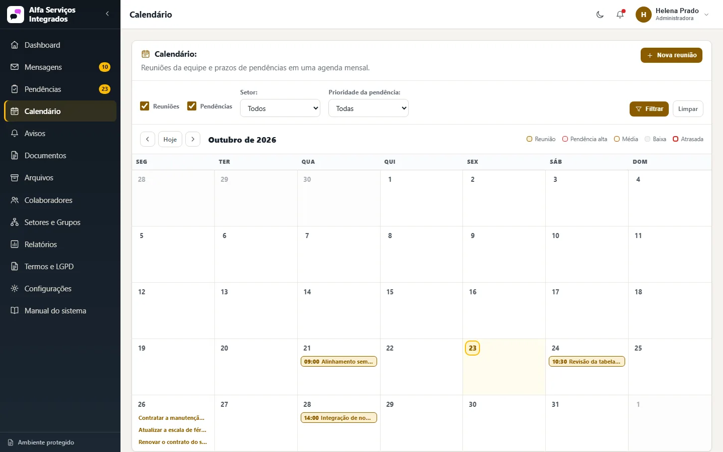 Calendário do Tex Interno com as reuniões da equipe e os prazos das pendências no mês